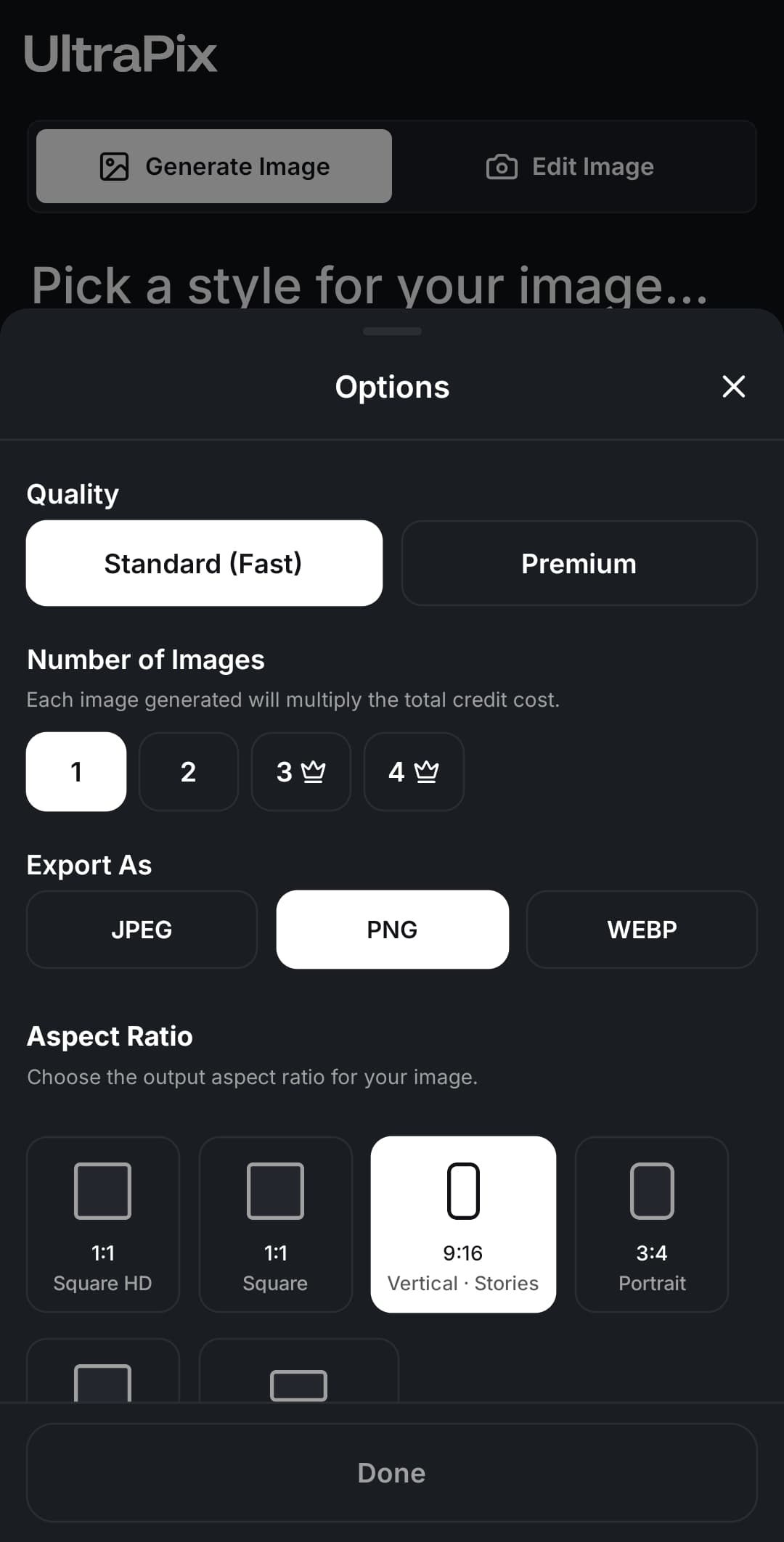 UltraPix Advanced options screen