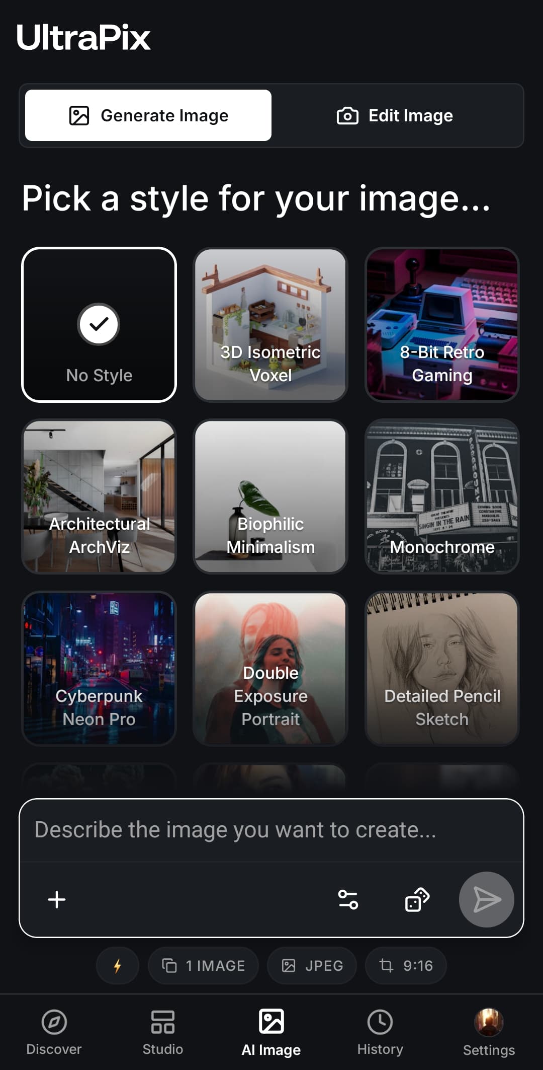 UltraPix AI image generator screen
